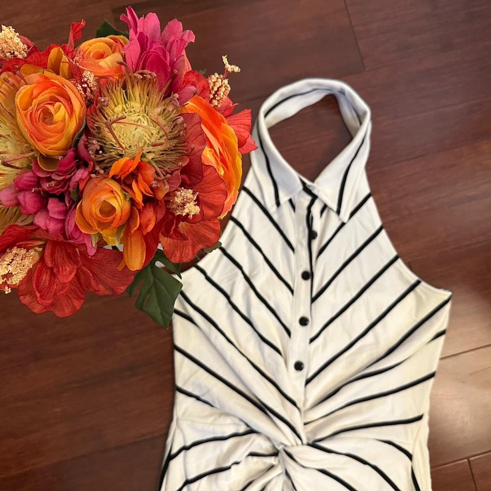 VENUS Black and White Striped Halter Top Dress